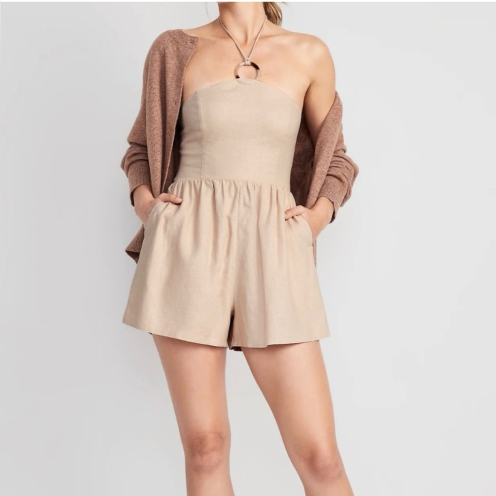 Old Navy Linen Blend O-Ring Halter Beige Romper